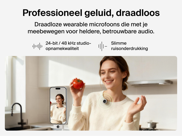 Een jonge vrouw is in een helder verlichte ruimte met een smartphone die op een statief is bevestigd een video aan het opnemen. Ze houdt een kleurrijke luidspreker vast en heeft een kleine ronde microfoon aan haar shirt vast gemaakt. Links staat de tekst &ldquo;Professioneel geluid, draadloos&rdquo; en worden de kenmerken 24-bit/48 kHz studio-opnamekwaliteit en slimme ruisonderdrukking benadrukt.