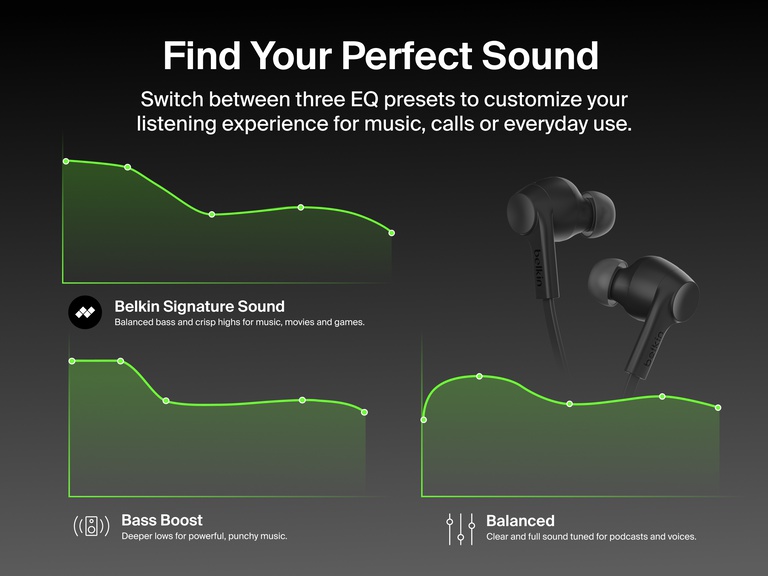 Belkin SoundForm ANC Wired Earbuds with USB-C® offer customizable EQ presets including Signature Sound, Balanced, and Bass Boost for a personalized listening experience.