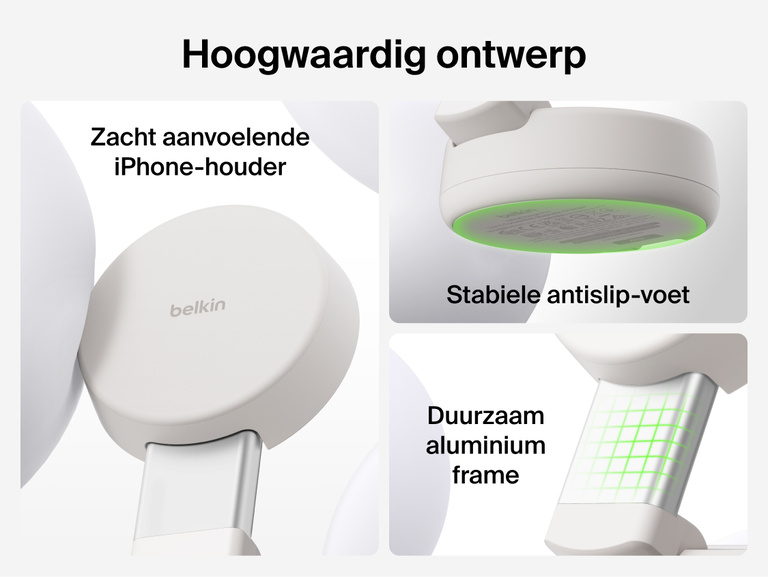 De Belkin UltraCharge Pro 2-in-1 verstelbare magnetische lader met Qi2 25W heeft een telefoonhouder met een zachte siliconen afwerking, een duurzaam aluminium frame en een stabiele antislipvoet voor een premium laadervaring.