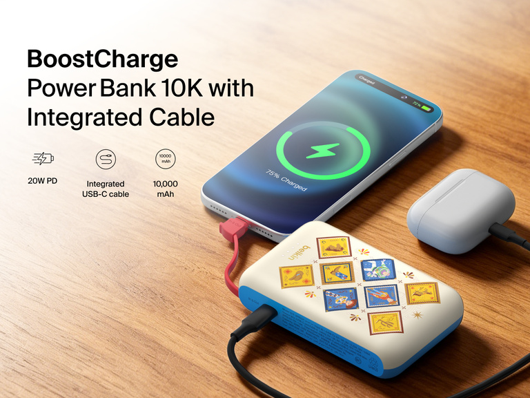 Belkin BoostCharge Power Bank 10K with Integrated Cable featuring Toy Story 5 artwork, delivering 10,000mAh portable charging with 20W USB-C Power Delivery.