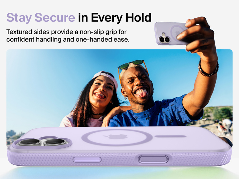 Belkin SheerForce Grip Series Case for iPhone 17 with military-grade drop protection and textured non-slip grip.