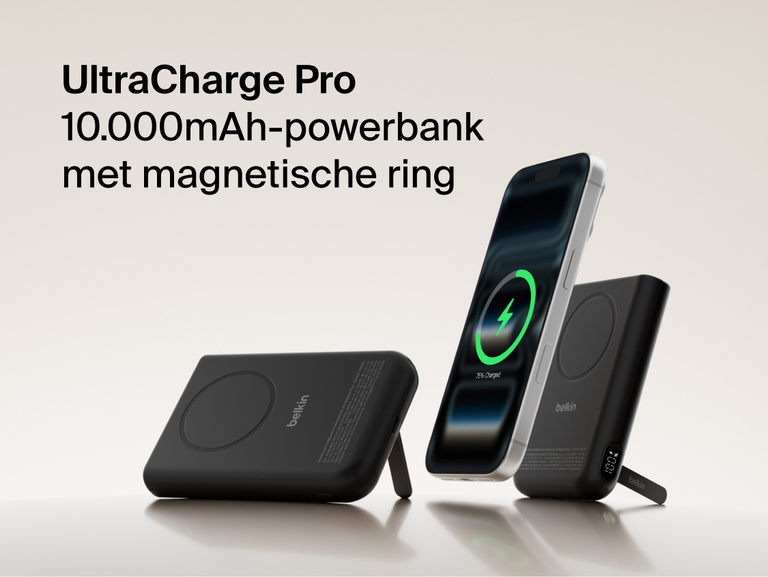 Belkin UltraCharge Pro Power Bank 10K with magnetic ring shown wirelessly charging a smartphone, featuring a slim portable battery design for on-the-go fast charging.
