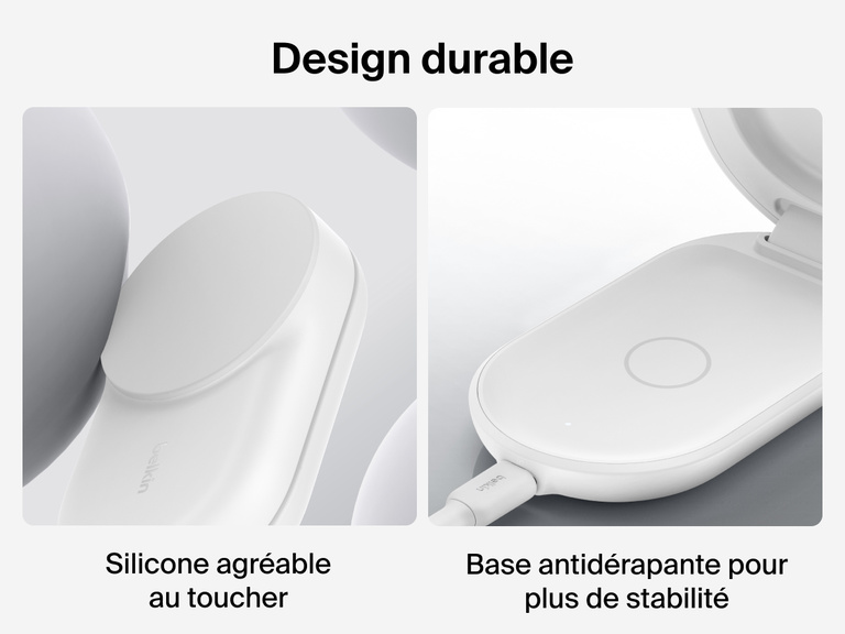 Socle de recharge 3-en-1 aimanté et pliable Belkin UltraCharge avec Qi2 (25 W) doté d'un revêtement en silicone agréable au toucher et d'une base antidérapante pour une recharge sans fil sécurisée et durable.