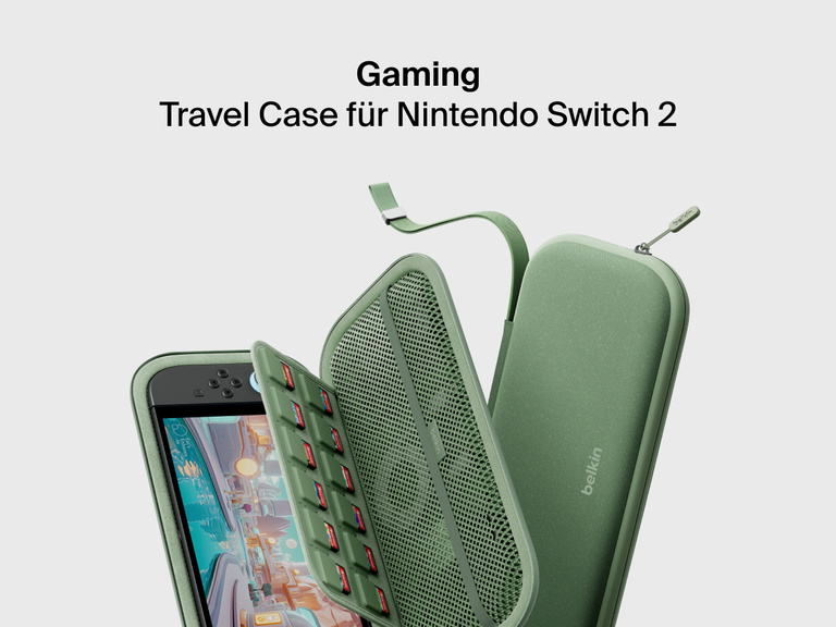 Exploded view of the Belkin Gaming Travel Case for Nintendo Switch 2, featuring compartments for game cards, mesh storage, and durable zippered protection.