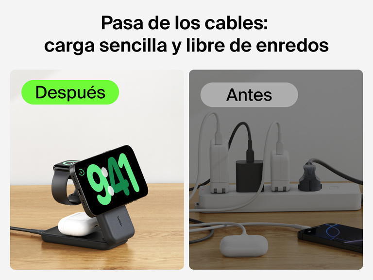 Se muestra el cargador magnético plegable 3 en 1 con Qi2 25W Belkin UltraCharge suministrando una carga sin enredos para múltiples dispositivos, a diferencia del equipamiento de carga por cable que aparece desordenado.