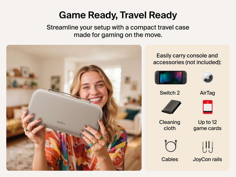 Smiling woman holds the Belkin Gaming Charging Case for Nintendo Switch 2, a compact travel case designed to carry your console and accessories like game cards, cables, JoyCon rails, and AirTag (not included).