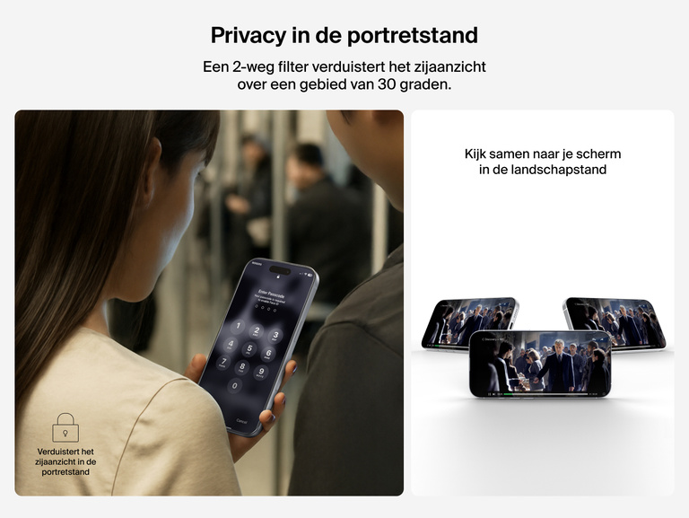 Belkin ScreenForce InvisiGlass Privacy Screen Protector provides 2-way portrait mode privacy with 30-degree side-view blocking.