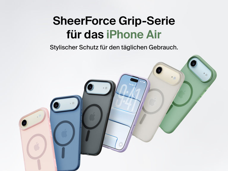 Belkin SheerForce Grip Series protective case for iPhone 17 shown in pink, clear, and black with slim design and MagSafe compatibility.