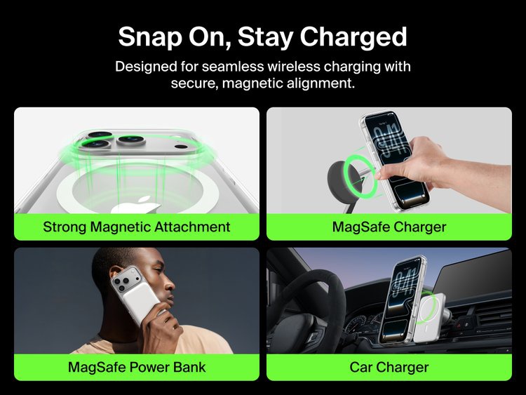 Belkin SheerForce Clear Series Case for iPhone 17 supports MagSafe accessories with strong magnetic attachment for chargers, power banks, and car mounts.