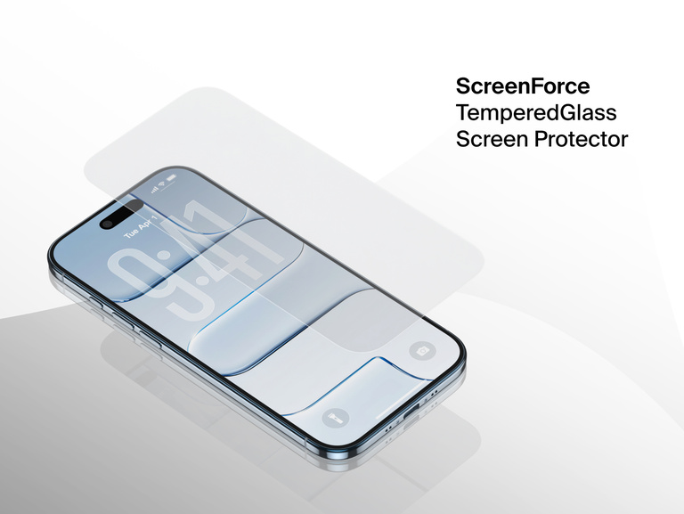 Belkin ScreenForce TemperedGlass Screen Protector 1-Pack shown on iPhone, providing durable scratch and impact protection with crystal-clear clarity.