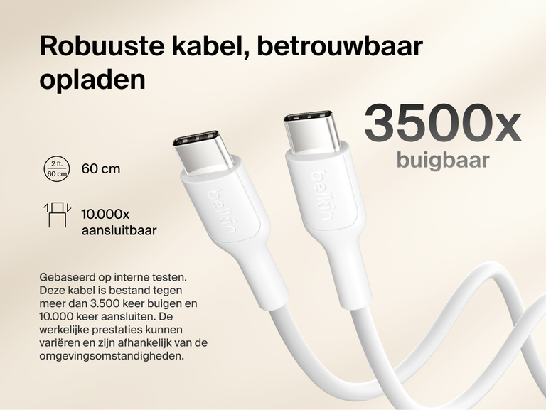 Belkin BoostCharge Slim Magnetic Power Bank 10K with included USB-C to USB-C cable highlighting durable design tested for 3,500 bends and 10,000 plug-ins