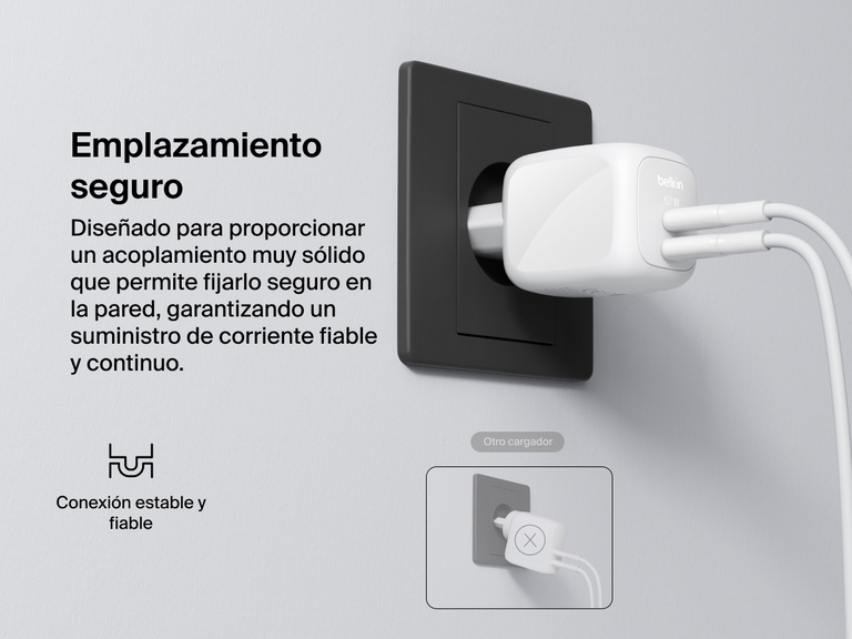 Se muestra un cargador de pared doble USB-C GaN de 67 W Belkin BoostCharge Pro conectado a una toma de corriente, destacando una conexión estable que ofrece un rendimiento de carga de pared fiable.