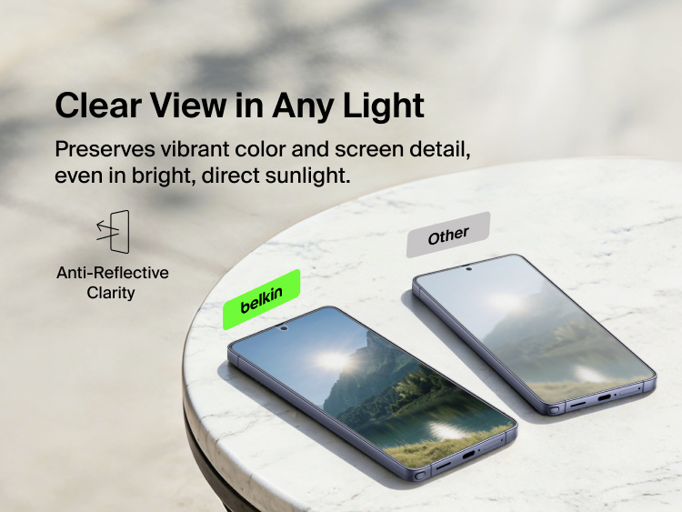 Belkin ScreenForce Titan EcoGuard Anti-Reflective Screen Protector for Samsung Galaxy S26 shown compared against another screen to demonstrate reduced glare and clearer viewing in bright, direct light.