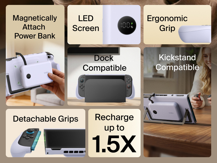 Belkin Gaming Charging Grip for Nintendo Switch 2 with magnetic power bank attachment, ergonomic grips, LED battery display, dock compatibility, and detachable Joy-Con support.