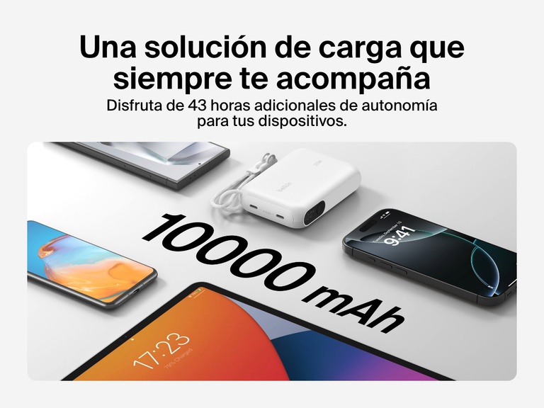 Se exhibe la batería externa 10K con pantalla BoostCharge de Belkin rodeada de múltiples dispositivos, resaltando sus 10 000 mAh de capacidad y su capacidad para proporcionar hasta 43 horas adicionales de autonomía sobre la marcha en cualquier parte.