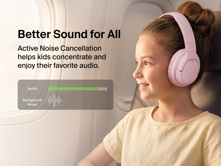 Child wearing SoundForm Play Active Noise Cancelling Headphones for Kids on a plane, illustrating how active noise cancellation reduces background noise so kids can focus on their audio