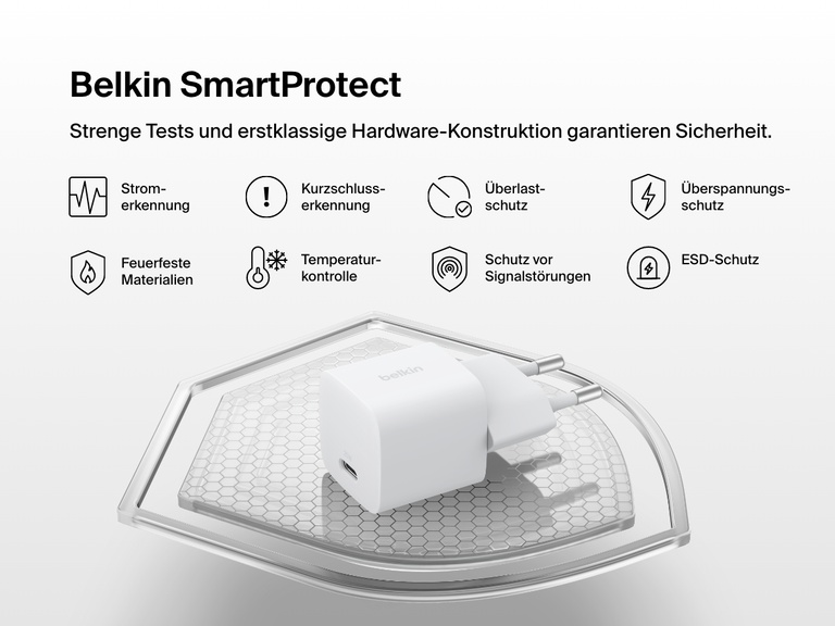 Belkin BoostCharge USB-C Wall Charger 25W shown with Belkin SmartProtect features, including over-voltage, surge, and short-circuit protection for enhanced charging safety.