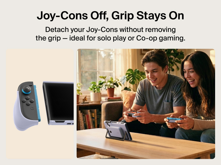 Belkin Gaming Charging Grip for Nintendo Switch 2 allows Joy-Con controllers to detach independently for solo or multiplayer gaming.