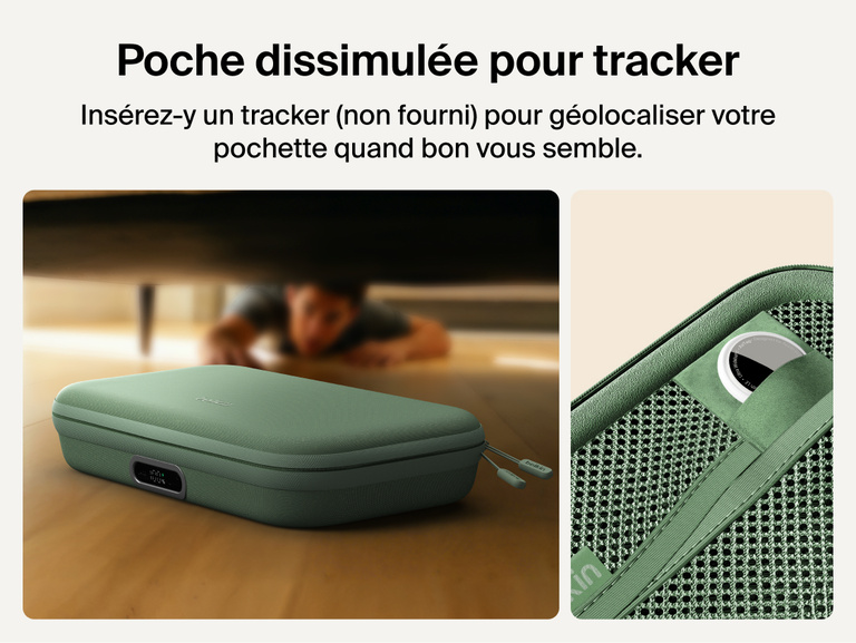 Belkin Gaming Charging Case Pro for Nintendo Switch 2 shown with hidden smart tracker compartment for adding a compatible tracker to help locate the case.
