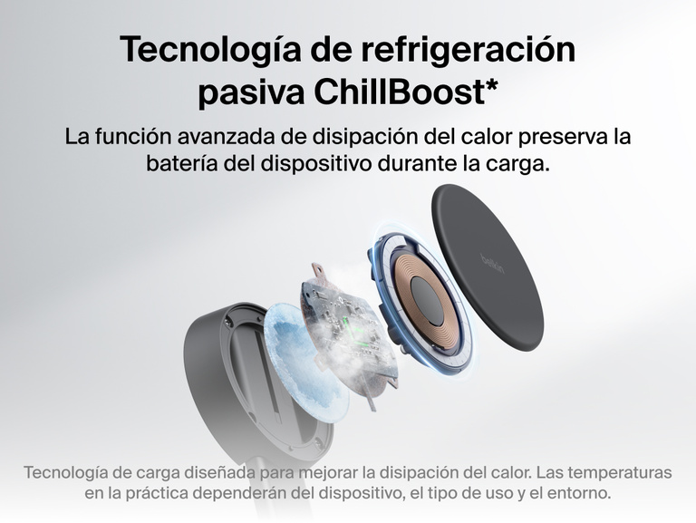 El cargador magn&eacute;tico convertible 2 en 1 con Qi2 de 25 W Belkin UltraCharge incluye tecnolog&iacute;a de refrigeraci&oacute;n pasiva ChillBoost que mejora la disipaci&oacute;n del calor y contribuye a la preservaci&oacute;n de las bater&iacute;as de los dispositivos mientras estos se recargan por carga r&aacute;pida inal&aacute;mbrica.