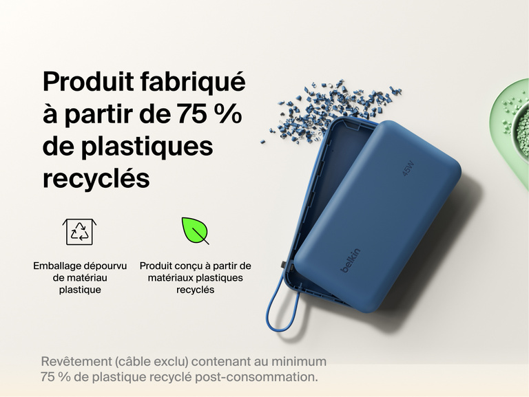Belkin UltraCharge 20K 45W power bank with integrated cable made with recycled materials and plastic-free packaging for a more sustainable charging solution