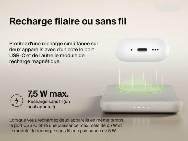 Belkin BoostCharge Slim Magnetic Power Bank 5K shown wirelessly charging earbuds, demonstrating 7.5W max magnetic wireless charging for single-device power.