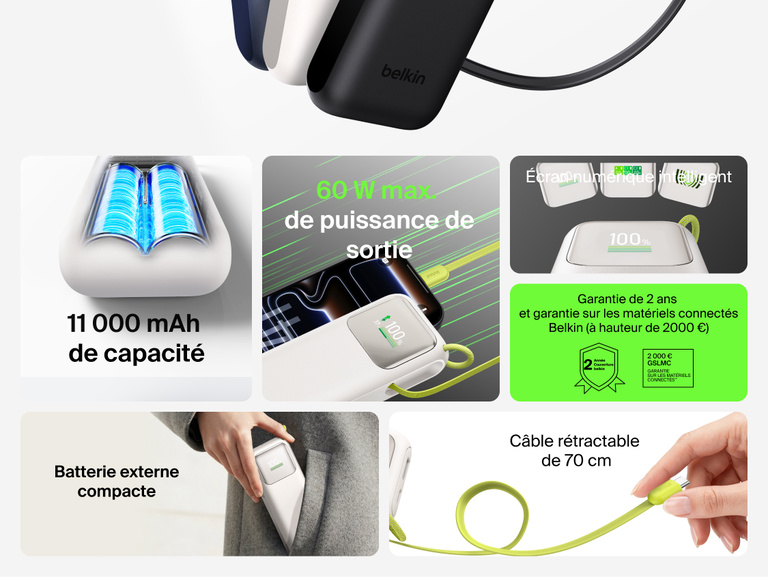 Grille des caract&eacute;ristiques de la batterie externe 11K UltraCharge avec c&acirc;ble r&eacute;tractable, mettant en avant sa capacit&eacute; de 11&nbsp;000&nbsp;mAh, son format de poche, sa puissance de sortie maximale de 60&nbsp;W, son c&acirc;ble r&eacute;tractable de &nbsp;cm, son &eacute;cran num&eacute;rique intelligent et sa garantie de 2&nbsp;ans compl&eacute;t&eacute;e par la garantie Belkin sur les appareils connect&eacute;s (&agrave; hauteur de 2&nbsp;000&nbsp;&euro;).