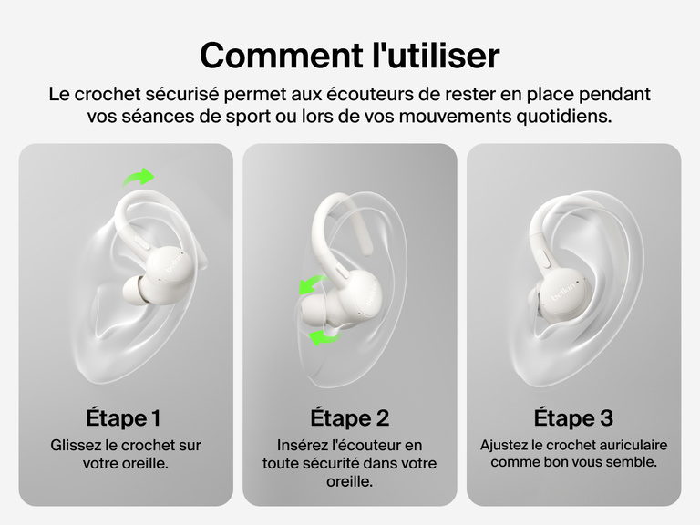 Belkin SoundForm ActiveFit Wireless Earbuds with secure hook design, shown in a step-by-step guide for wearing during workouts and daily use.