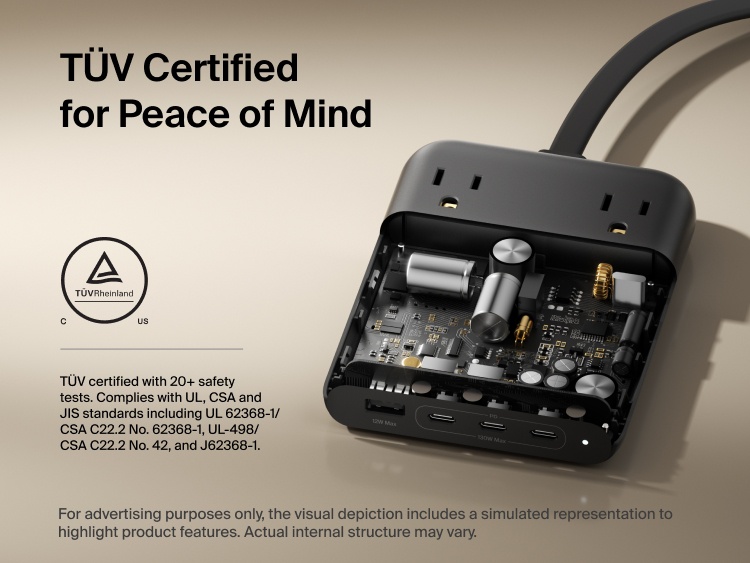 Belkin 2-Outlet Charging Station with USB-A and 3 USB-C Ports 140W shown with internal components exposed, highlighting TÜV certification and advanced safety compliance for reliable performance.