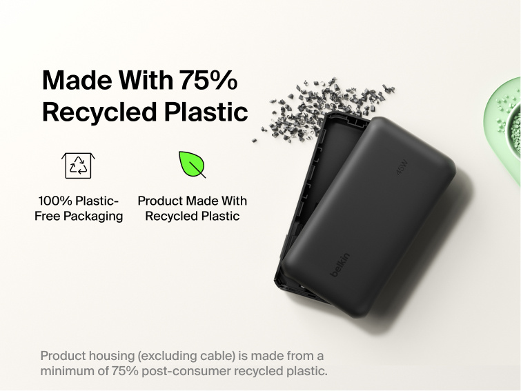 Belkin UltraCharge 20K 45W power bank with integrated cable made with recycled materials and plastic-free packaging for a more sustainable charging solution
