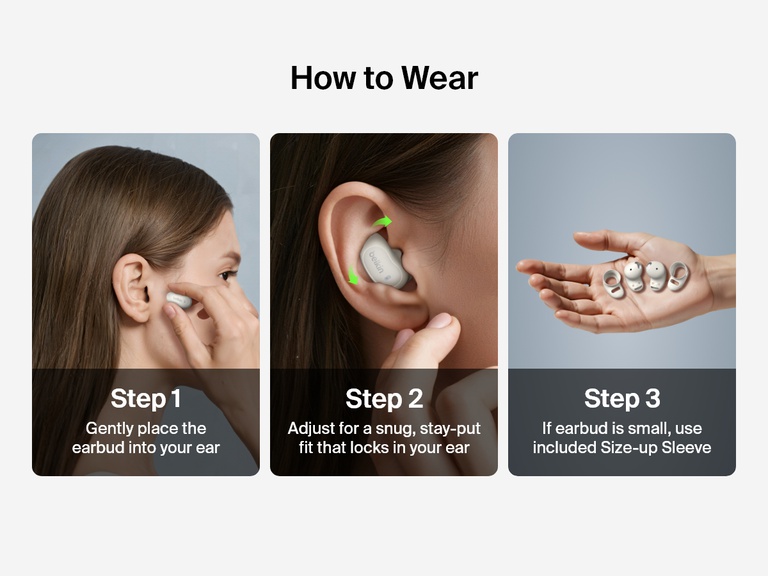 Belkin SoundForm Anywhere Wireless Earbuds with step-by-step guide showing how to wear and adjust for a secure, comfortable fit using size-up sleeves if needed.