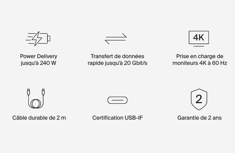 Belkin Connect Câble USB4 (câble de recharge, 2 m, câble USB-C vers USB-C, Power Delivery 240 W, 20 Gbit/s, pour MacBook, Windows, Chromebook, etc.)
