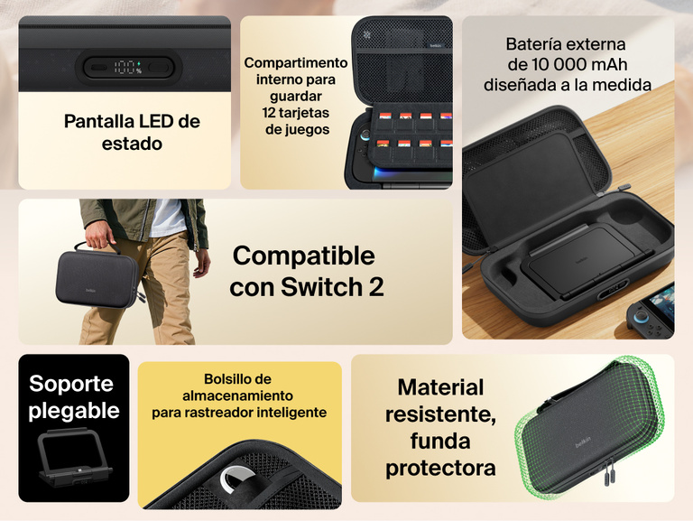 Feature overview of the Belkin Gaming Charging Case Pro for Nintendo Switch 2 highlighting built-in 10K power bank, LED battery indicator, flip-up stand, game card storage, smart tracker pocket, and durable protective design.