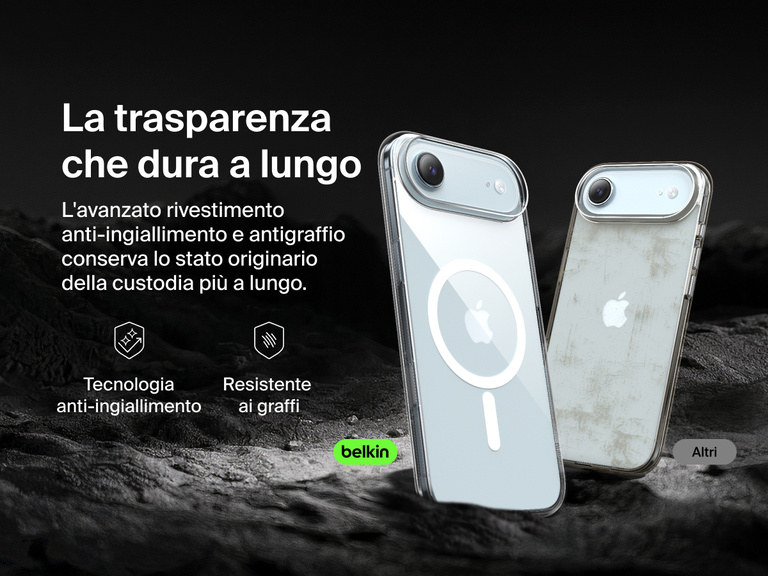 Belkin SheerForce Clear Series Case for iPhone 17 with anti-yellowing and scratch-resistant technology compared to discolored generic case.