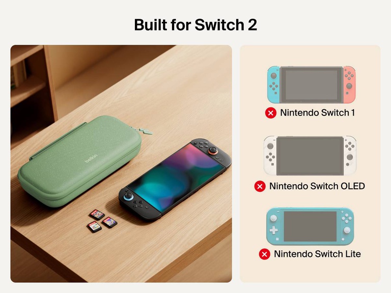 Belkin Gaming Charging Case shown next to Nintendo Switch 2 and game cards, with compatibility clearly marked for Switch 2 only—not compatible with Nintendo Switch 1, OLED, or Lite models.