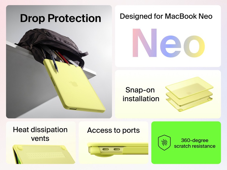 Hard Shell Case for MacBook Neo with drop protection, scratch resistance, heat vents, port access, and snap-on installation