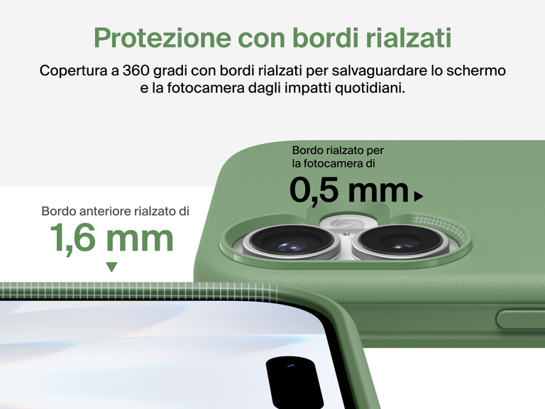 Immagine della custodia Belkin SheerForce Protect Series per iPhone 17 con design dei bordi rialzati e protezione dalle cadute di grado militare (fino a 4 metri).