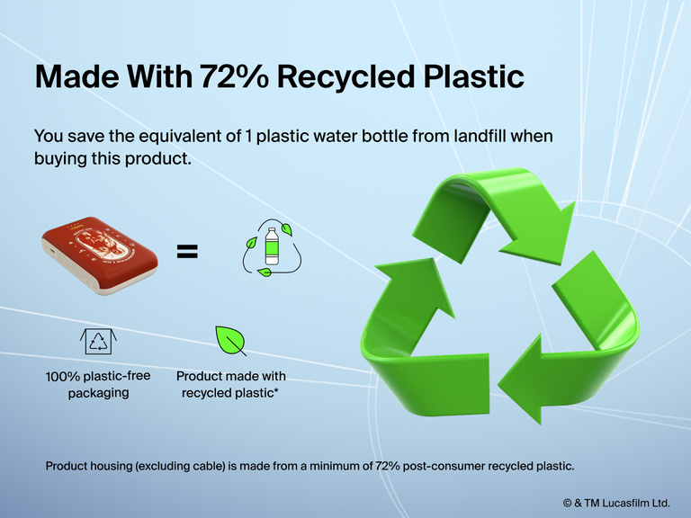 Belkin BoostCharge Power Bank 10K with Integrated Cable made with 72% post-consumer recycled plastic and packaged in 100% plastic-free materials.