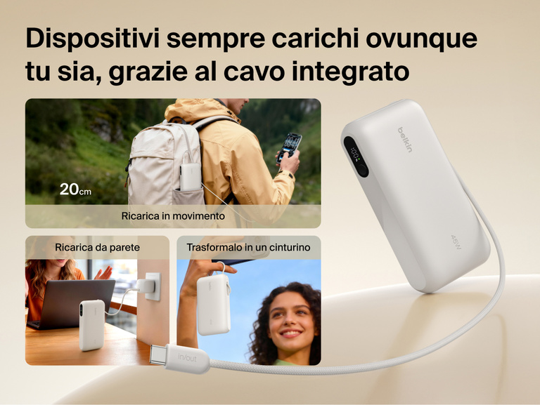 Belkin UltraCharge 20K 45W power bank with integrated USB-C cable for on-the-go charging, easy recharging, and convenient carry strap functionality