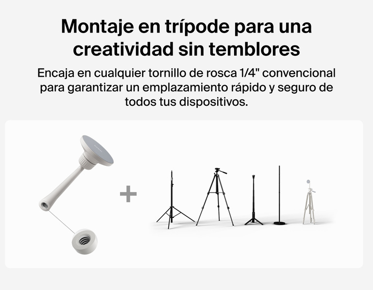 Image showing Belkin Stage Creator Kit mount compatible with standard 1/4-inch screw threads for quick, secure attachment to tripods, stands, and other creator gear.