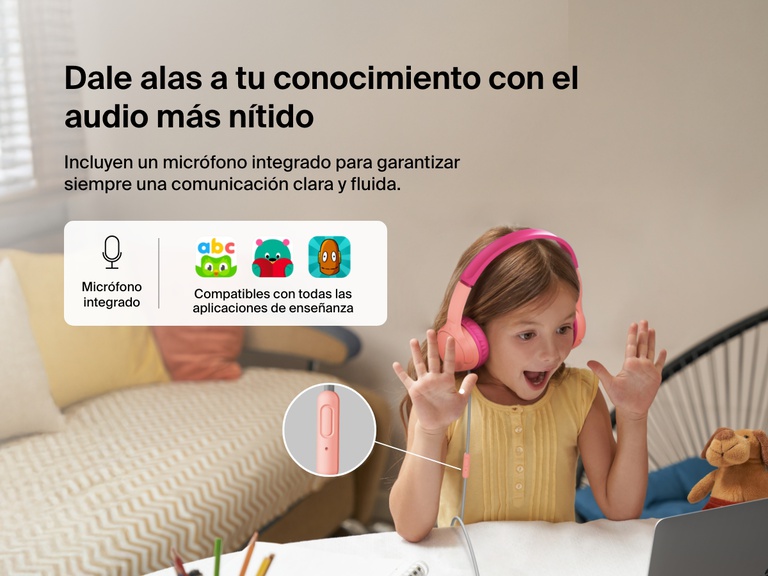 Young girl using Belkin Wired On-Ear Headphones for Kids with a built-in microphone while video chatting on a laptop, highlighting clear audio and compatibility with learning apps for classroom use.