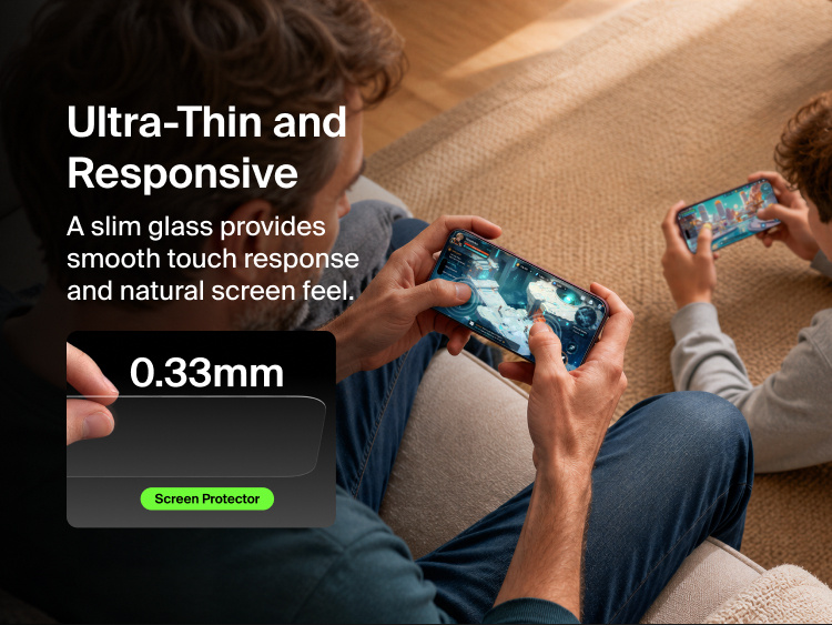 Belkin Titan SmartShield Pro Anti-Reflective Screen Protector for iPhone 18 features ultra-thin 0.33 mm glass for smooth touch response and a natural screen feel.