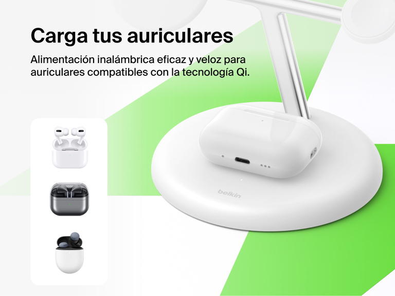 Belkin UltraCharge 3-in-1 Wireless Charging Stand with Qi2 25W charging Qi-enabled earbuds case on base pad with seamless wireless power feature highlighted