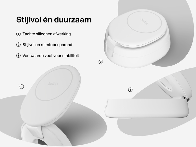 Belkin BoostCharge 2-in-1 Convertible Magnetic Charging Stand with Qi2 15W features soft-touch silicone, a space-saving foldable design, and a weighted base for added stability.