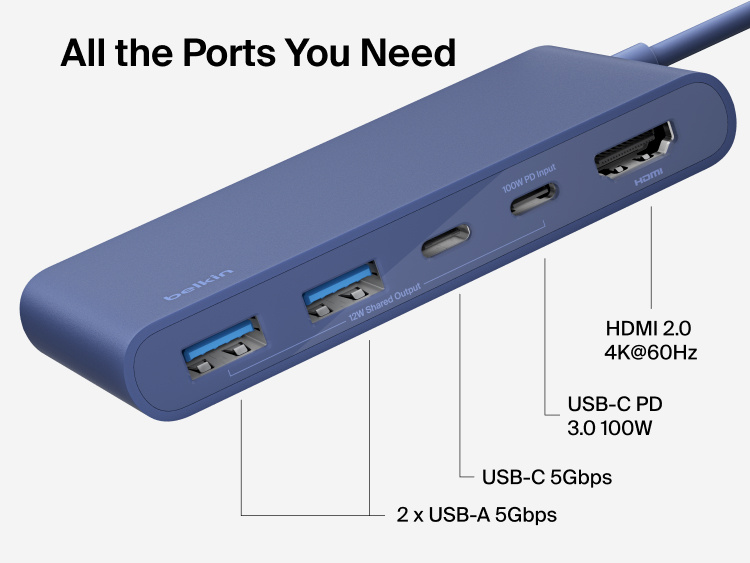 Belkin Connect 5-Port USB-C Hub with Dual USB-C Ports includes HDMI 2.0 4K@60Hz, USB-C PD 3.0 100W, USB-C 5Gbps, and dual USB-A 5Gbps ports.