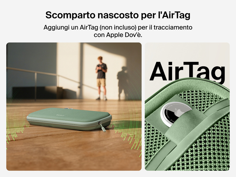 Illustrazione del supporto di ricarica magnetica compatto 3 in 1 BoostCharge Belkin mentre ricarica in modalità wireless gli AirPods, mettendo in risalto la sua compatibilità con tutti i modelli di AirPods ed AirPods Pro.