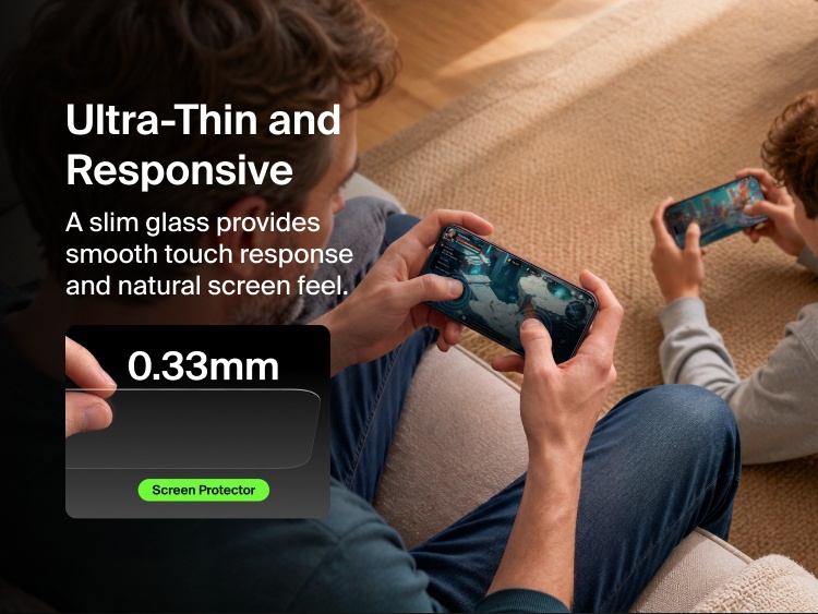 Belkin Titan SmartShield Bright Privacy Screen Protector for iPhone 18 shown during mobile gaming, highlighting its ultra-thin 0.33 mm glass and responsive touch performance.