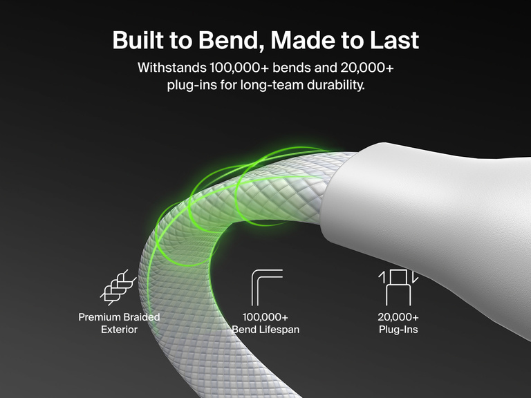 Belkin BoostCharge Pro Magnetic USB-C Cable 240W with premium braided exterior, built to withstand 100,000+ bends and 20,000+ plug-ins for long-term durability.