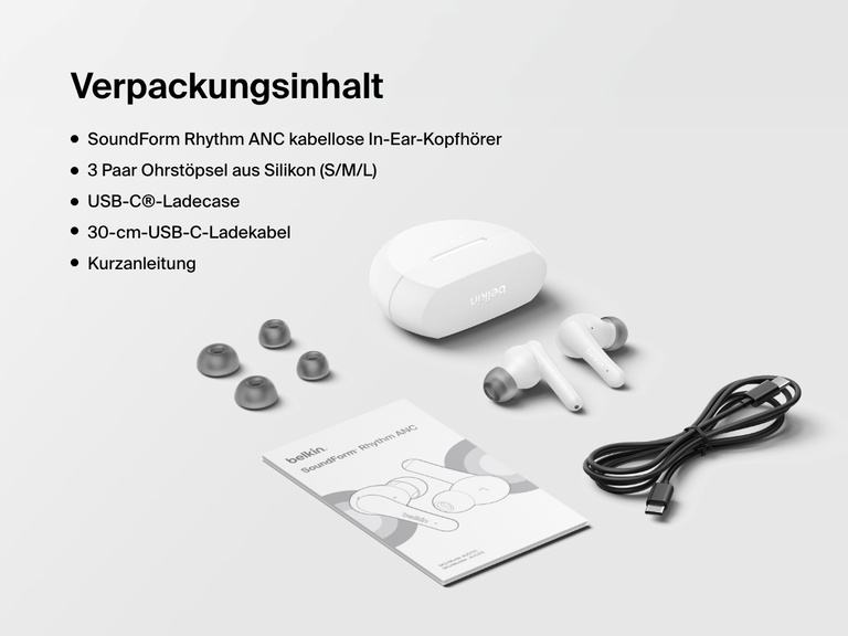 Abbildung, auf der der Verpackungsinhalt der kabellosen Belkin SoundForm Rhythm ANC Kopfhörer gezeigt wird: Earbuds, Silikonohrstöpsel in drei Größen, USB-C-Ladecase, 1,2-m-USB-C-Ladekabel und Kurzanleitung.