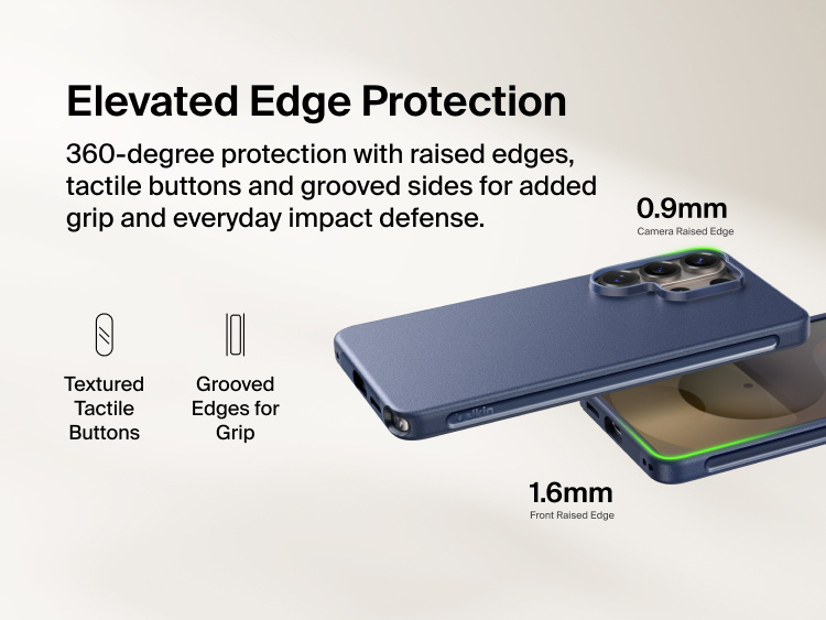 Belkin SheerForce Protect Series Case for Samsung Galaxy S26 featuring elevated edge protection with raised camera and screen edges, tactile buttons, and grooved sides for enhanced grip and everyday impact defense.